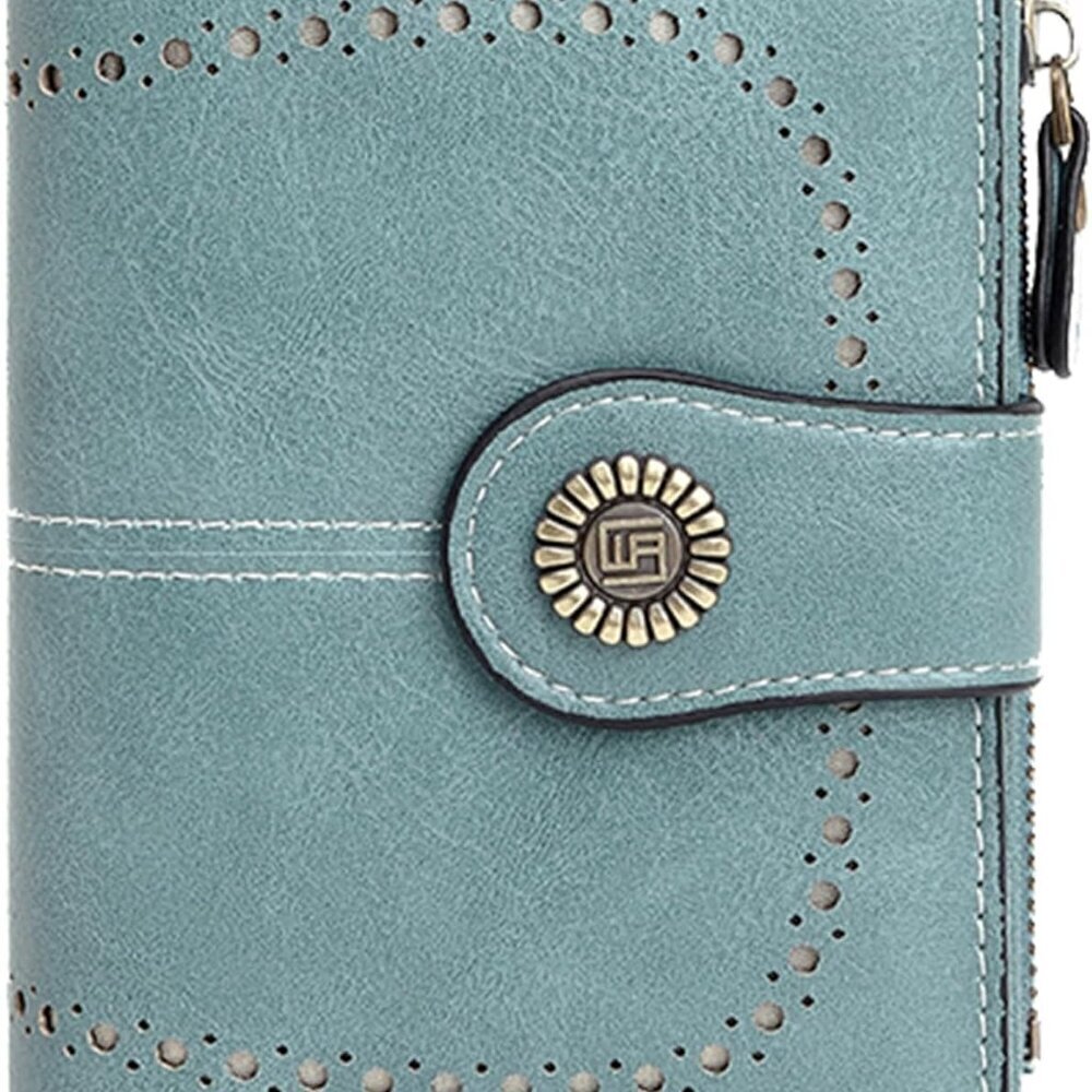 Womens Leather Bifold Wallet Large Capacity RFID Blocking Coin Card Purse